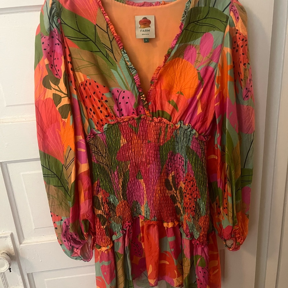 FARM Rio Bold Floral Smocked Peasant Dress in Orange, Pink & Green